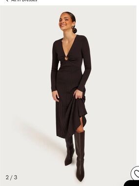 Michael Kors Black Long Sleeve V-Neck Maxi Dress with cut out and Ring Detail